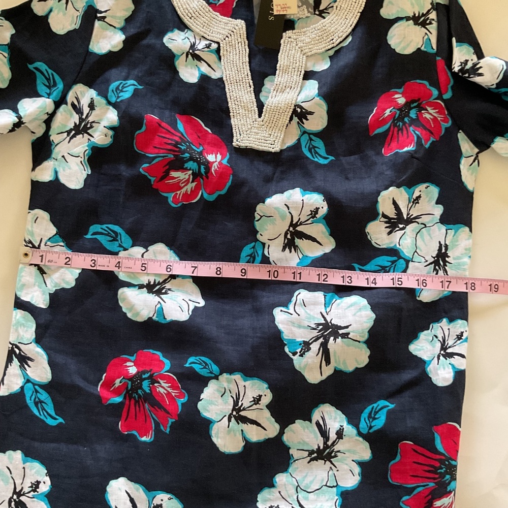 Talbots 100% Linen Beaded Neckline Navy Hibiscus Tropical Floral Tunic Dress XS - Picture 12 of 15